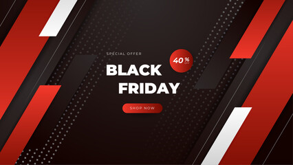 Black friday sale banner background with realistic gift box and balloons with ribbon gold luxury on light line neon. 3d vector illustration.