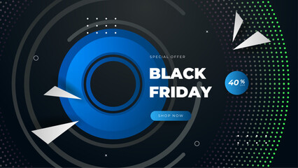 Black friday sale banner background with black and blue. 3d vector illustration.