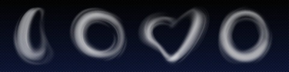 Realistic set of dust rings isolated on transparent background. Vector illustration of circle, oval, heart shape steam evaporation, cigarette, vape, hookah swirls, puff effect, co2 smog emission