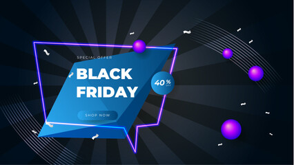 Fototapeta premium Black friday special offer. Social media web banner for shopping, sale, product promotion. Background for website and mobile app banner, email. Vector illustration in black and blue colors.