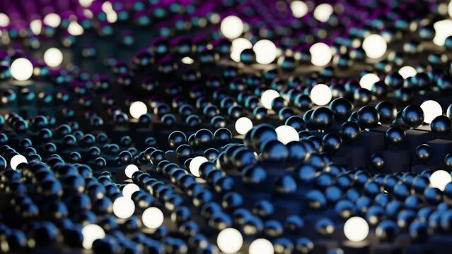 This stock animation graphic depicts an abstract dark background with the movement of shiny blue and glowing white beads. This background will decorate your project.