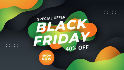 Black Friday banner with text Super Sale for discount and promotion. Colorful realistic sticker, banner for sale, shopping, market, business theme. Design elements for poster. Vector Illustration