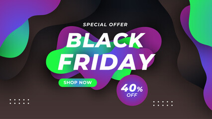 Black Friday banner with text Super Sale for discount and promotion. Colorful realistic sticker, banner for sale, shopping, market, business theme. Design elements for poster. Vector Illustration