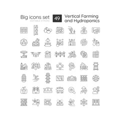 2D editable 49 big icons set representing vertical farming and hydroponics, black outline vector.