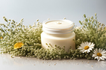 Fototapeta na wymiar Realistic 3D cosmetic jar on the background of grass and flowers. Skin care concept