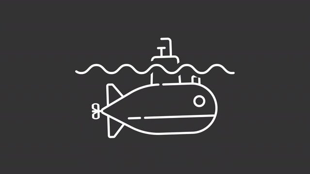 White icon animation of submarine, HD video with transparent background, seamless loop 4K video, watercraft capable of independent operation underwater, marine industry.