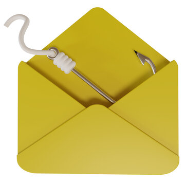 3d render of envelope and fishing hook icon. concept photo for illustration of phishing email or message