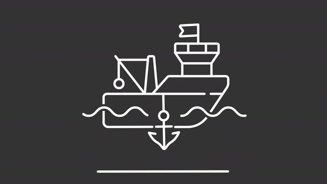 White icon animation of anchoring ship in sea, HD video with transparent background, seamless loop 4K video, marine industry.