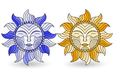 A set of stained-glass suns with faces on a white background isolates, tone brown and blue