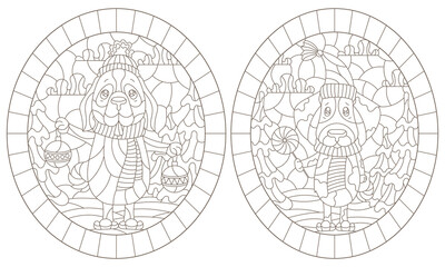 Set of contour illustrations of stained glass Windows on the theme of winter holidays, funny cartoon dogs on the background of winter landscapes, dark outlines on a white background