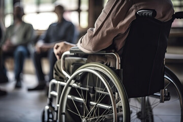 Disabled man sitting in a wheelchair is full-fledged participant at a meeting in the office, created with Generative AI