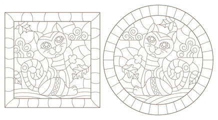 A set of contour illustrations in the style of stained glass with cute cartoon cats, dark contours on a white background