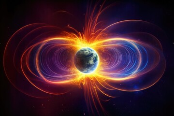 Magnetic lines of force surrounding Earth known as the magnetosphere deflecting solar wind and radiation from the Sun. Generative AI - obrazy, fototapety, plakaty
