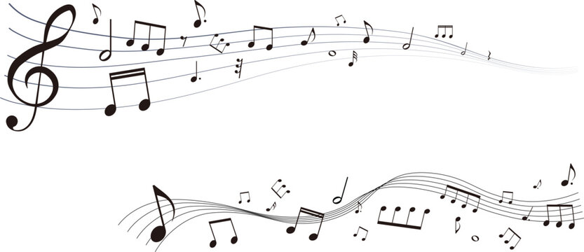 遠近感のある楽譜のフレームイラスト　五線譜　背景イラスト　音符、休符、音楽記号のイラスト