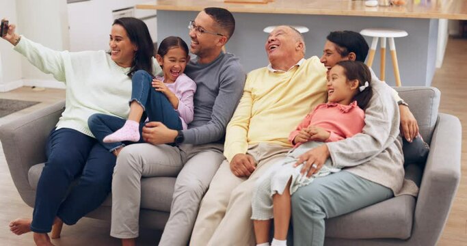Family, grandparents and children for home selfie on social media, funny memory and meme on sofa. Emoji, laughing and happy senior people, mother and father with kids for profile picture photography