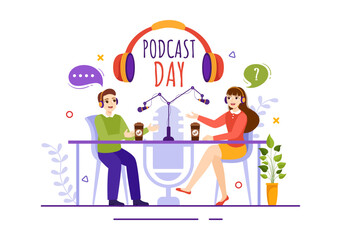 International Podcast Day Vector Illustration on September 30 with Broadcasting Studio Tools to Event Livestream in Cartoon Hand Drawn Templates