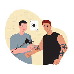 Fototapeta premium Man getting tattoo on arm in salon. Tattoo artists work process. Professional specialists with tools painting on body of clients in salon. Flat vector illustration in cartoon style