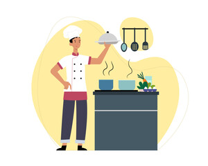 Cook in white suit and bonnet standing near stove with pots of soup. Process of cooking delicious food in restaurants with kitchen utensils concept. Flat vector illustration in cartoon style
