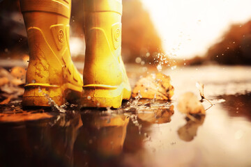 Kid standing on foliage . Legs of children in  boots standing in puddle with orange fallen leaves...
