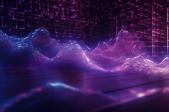 Purple cyber tech wave sound amidst big data neon backdrop. Generative AI