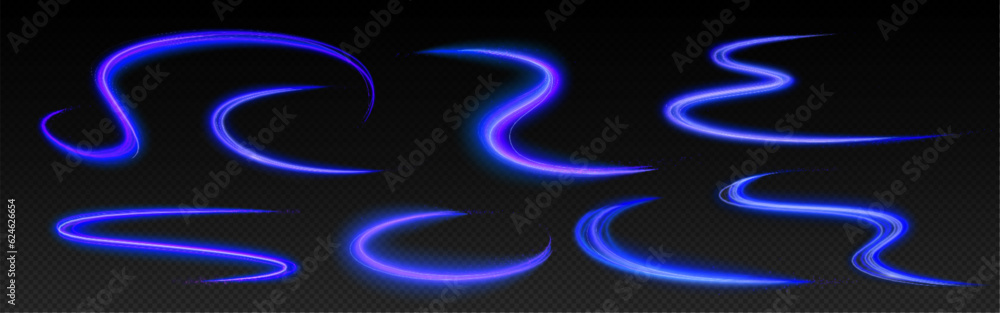 Poster realistic set of neon blue light lines isolated on transparent background. vector illustration of ab