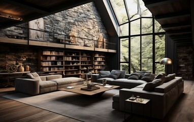 A living room filled with furniture and a fire place. AI