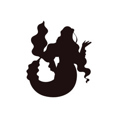 Mermaid aquatic creature, black silhouette, flat vector illustration isolated on white background.