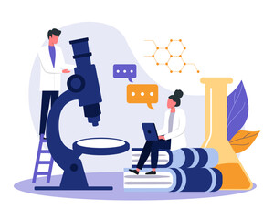 Young male in white coat examine DNA structure with microscope. Female typing results on laptop. Analysis and testing in laboratory. Flat vector illustration in blue and yellow colors