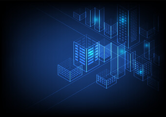 Perspective blue cityscape with lights. Vector illustration..