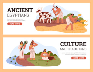 Ancient egyptians culture and tradition banners set flat vector illustration.