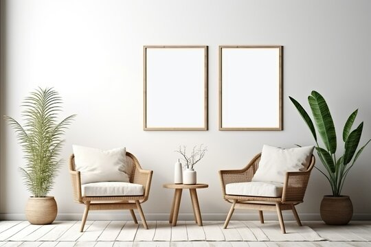 Empty frame mockup in modern minimalist interior with plant in trendy vase on white wall background, Template for artwork, painting, photo or poster, ai generative

