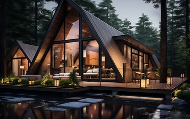 A frame house illuminated in the enchanting glow of the night amidst a serene forest setting. AI