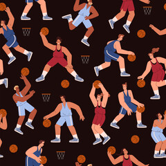 Seamless vector pattern with basketball players sport game, cartoon athletes with ball in different poses, men and women