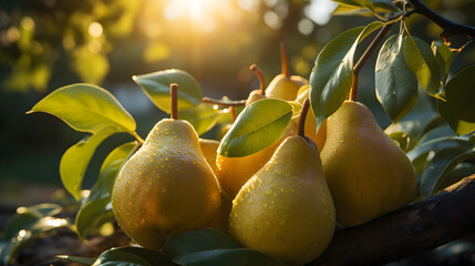 Birnbaum mit Morgentau von der Sonne angestrahlt