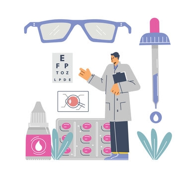 Vector cartoon illustration of ophthalmology diagnostics, vision correction and treatment, doctor, eye test chart