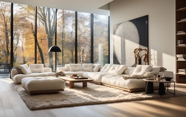 A living room with a white couch and a wooden coffee table. AI