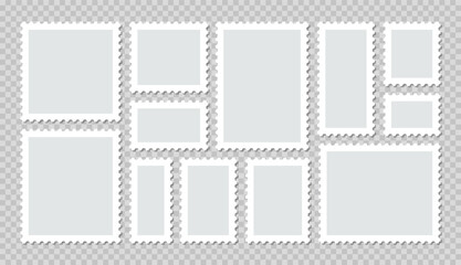 Post stamps collection. Set of empty postal stamp. Rectangular perforated labels. Collection blank borders for mail letter. Postage frames. White paper postmarks. Vector illustration.