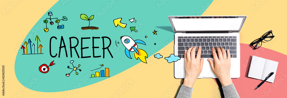 Poster career theme with person using a laptop computer