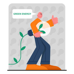Male holding bulb and using green light. Energy consumption in household. Characters using energy efficient devices. Power save concept. Flat vector illustration in cartoon style