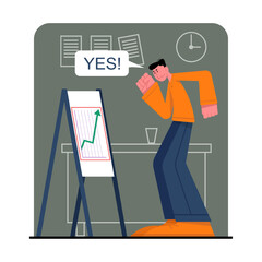 Man standing near board with chart and happy for successful grow. Handsome employees move up career ladder and achieve goals by successfully completing tasks. Flat vector illustration in cartoon style