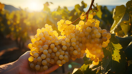 Die Sonne strahlt durch die frischen Weißweintrauben einer Rebe 