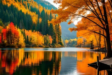 Fotobehang Warm oranje autumn landscape with lake  Gererated AI