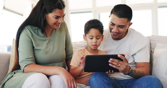 Tablet, family and happy on a sofa in home living room, bonding together and streaming movie, online video or film. Mother, father and child on couch with technology for learning, internet or web app