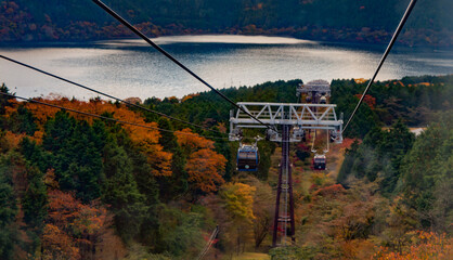 Lake Ashi and surroundings from Hakone Ropeway or cable car in Hakone in autumn season