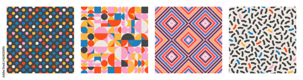 Poster vector set of colorful geometric seamless patterns. bauhaus style colorful simple shape endless text
