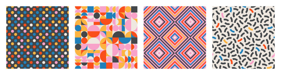 Vector set of colorful geometric seamless patterns. Bauhaus style colorful simple shape endless textures. Retro web backgrounds, textile design repeat backdrops, fabric, wallpaper, wrapping paper 