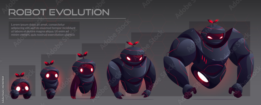 Poster black ai robot evolution character tech infographic vector. future humanoid artificial intelligence 