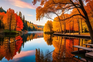 Naklejka na ściany i meble autumn trees reflected in water Gererated AI