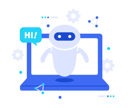 パソコンの前に浮かぶチャットボット。ビジネスのパートナーでもあるAIのイラスト素材。