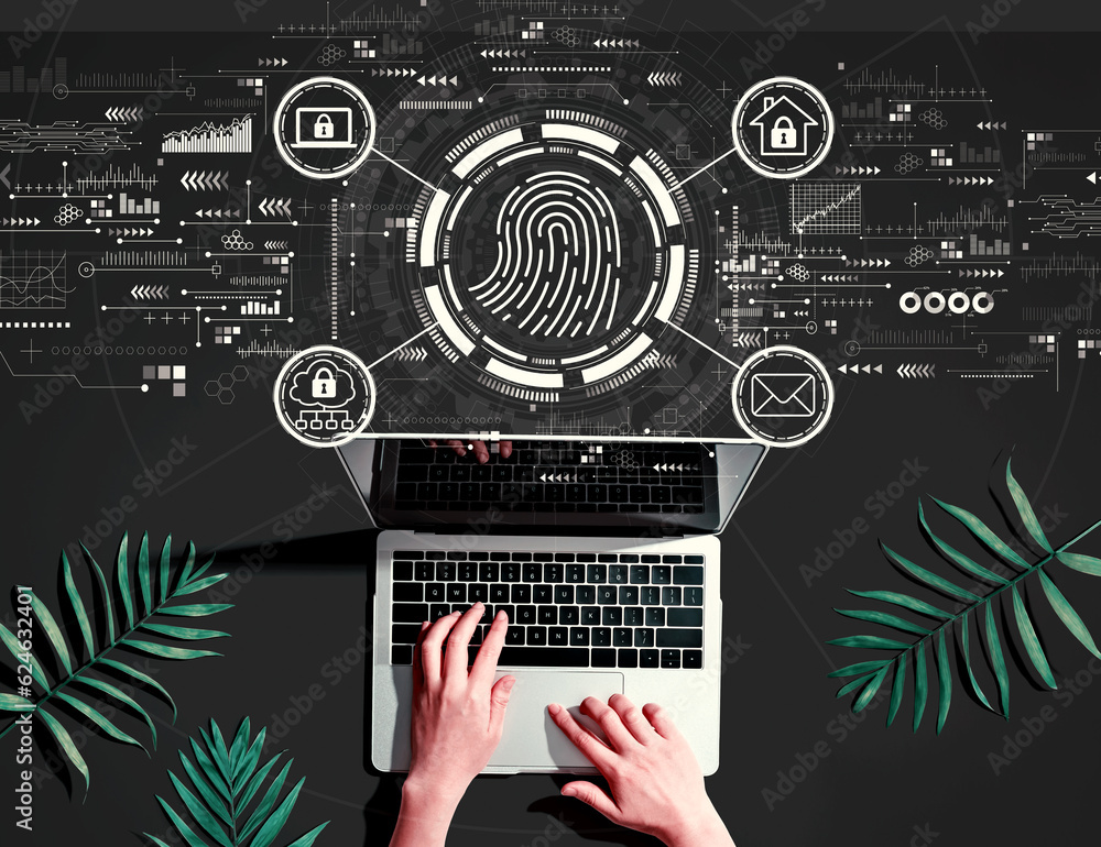 Poster fingerprint scanning theme with person using a laptop computer